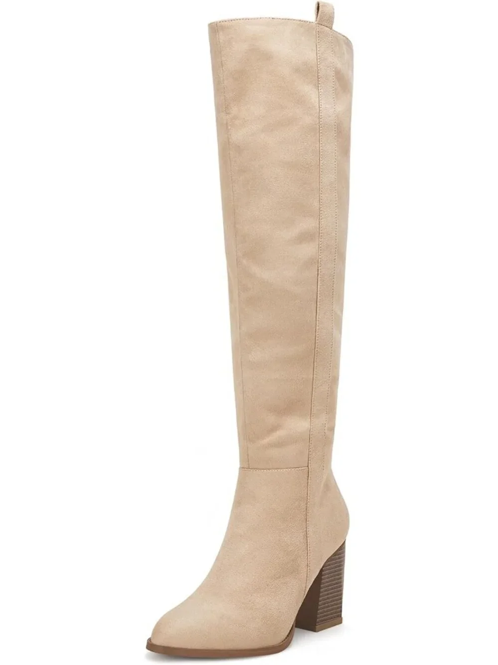 Women's Beige Faux Suede Side Zipper Chunky Heel Stretch Over The Knee Boots